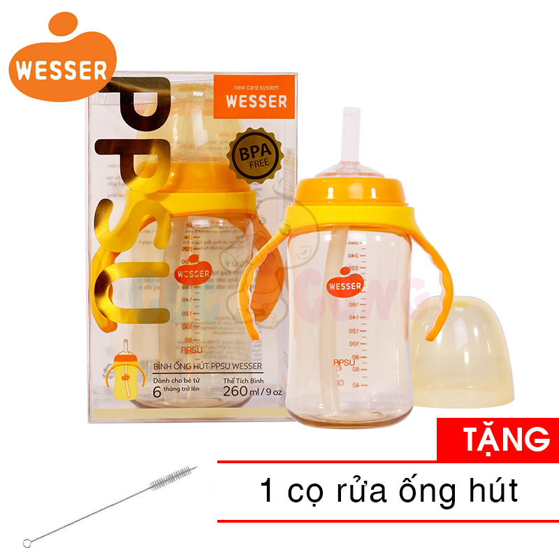 Bình uống nước Wesser có ống hút nhựa PPSU 260ml (phiên bản mới) Tặng 1 cọ rửa ống hút