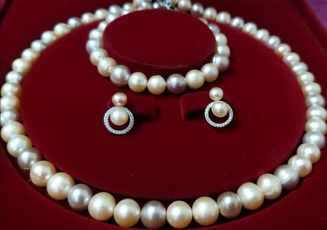 Bộ ngọc trai thật tự nhiên nnước ngọt 10li phối tứ quý gồm vòng cổ, vòng tay, bông tai - TRANG SỨC BẠC VÀ TRAI gian hàng chính hãng cam kết trai thật