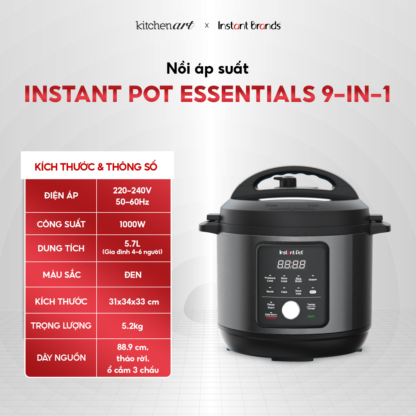 Nồi áp suất điện đa năng instant pot essential 9 in 1 dung tích 5.7l - hàng chính hãng
