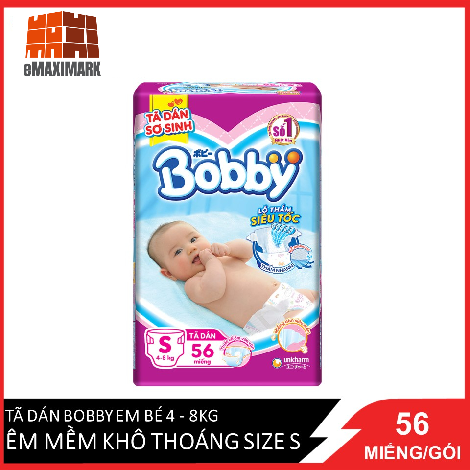 [HCM ship 2h] Tã Dán Bobby Em Bé 4 - 8KG Êm Mềm Khô Thoáng Size S Gói 56 Miếng