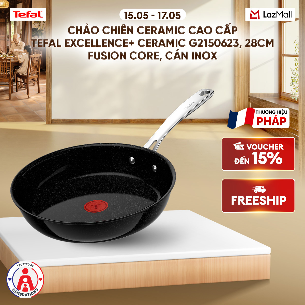 Chảo chiên ceramic cao cấp Tefal EXCELLENCE+ CERAMIC G2150623, 28cm, Fusion Core, cán inox