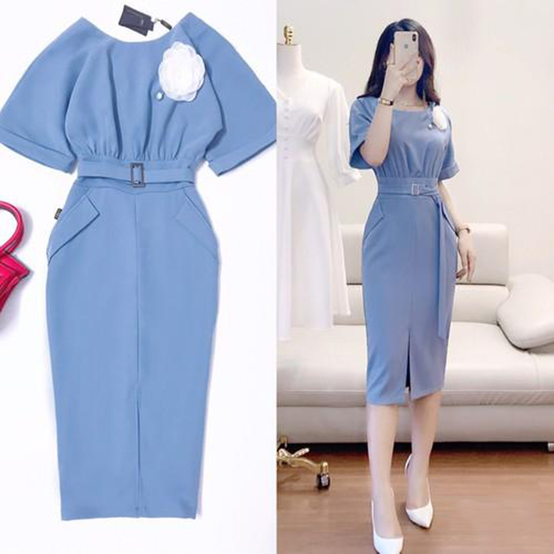 [HCM]Đầm váy xanh kèm belt đính hoa thời trang PT Shop chất liệu Umi thiết kế công sở thanh lịch one size từ 42 - 52kg