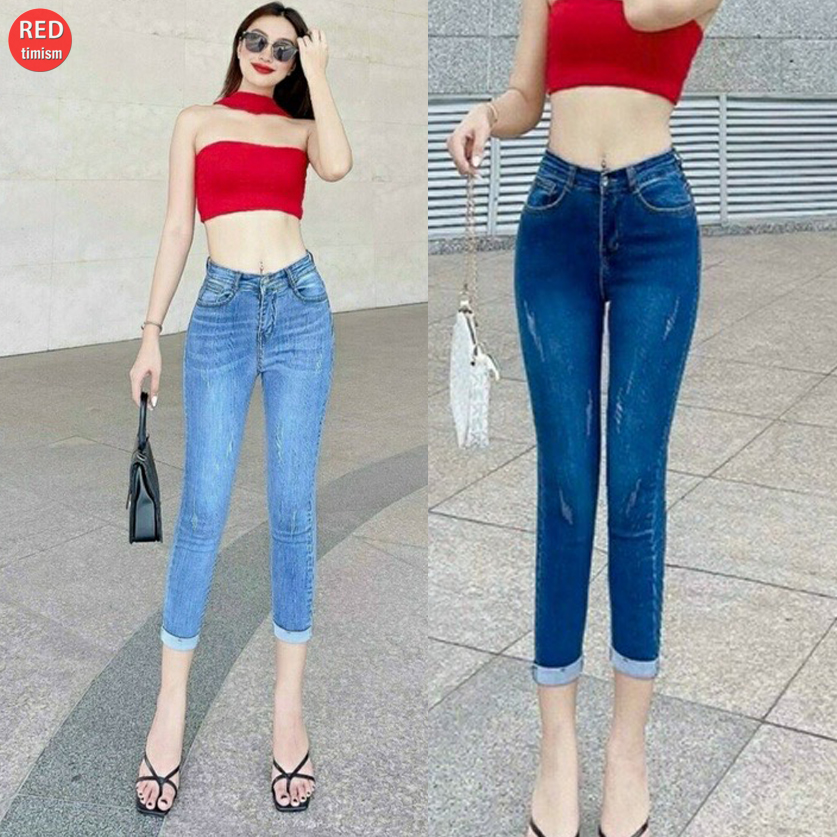 HOÀN TIỀN 15% - Quần Jean Nữ Lửng Ngố Chất Bò Co Giãn Lưng Cao Quần Bò Nữ 9 Tấc Ngang Gối 03 Màu Tiê