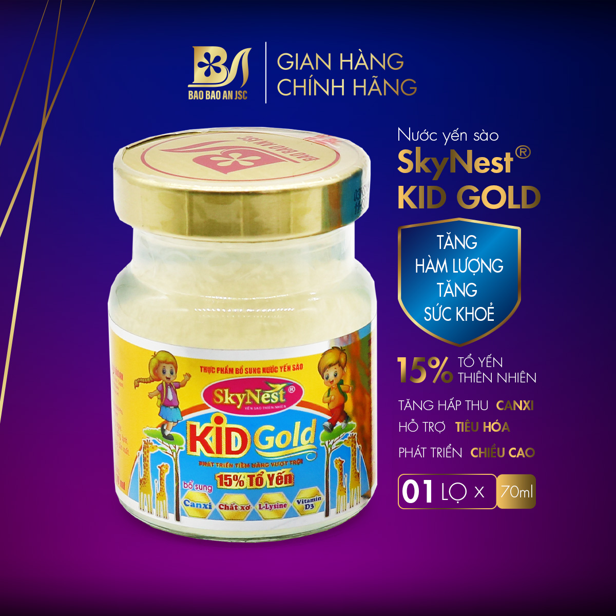 Nước yến sào SkyNest Kid Gold 15% Tổ Yến, lọ 70ml, Thực phẩm bổ sung cho trẻ nhỏ Bảo Bảo An JSC