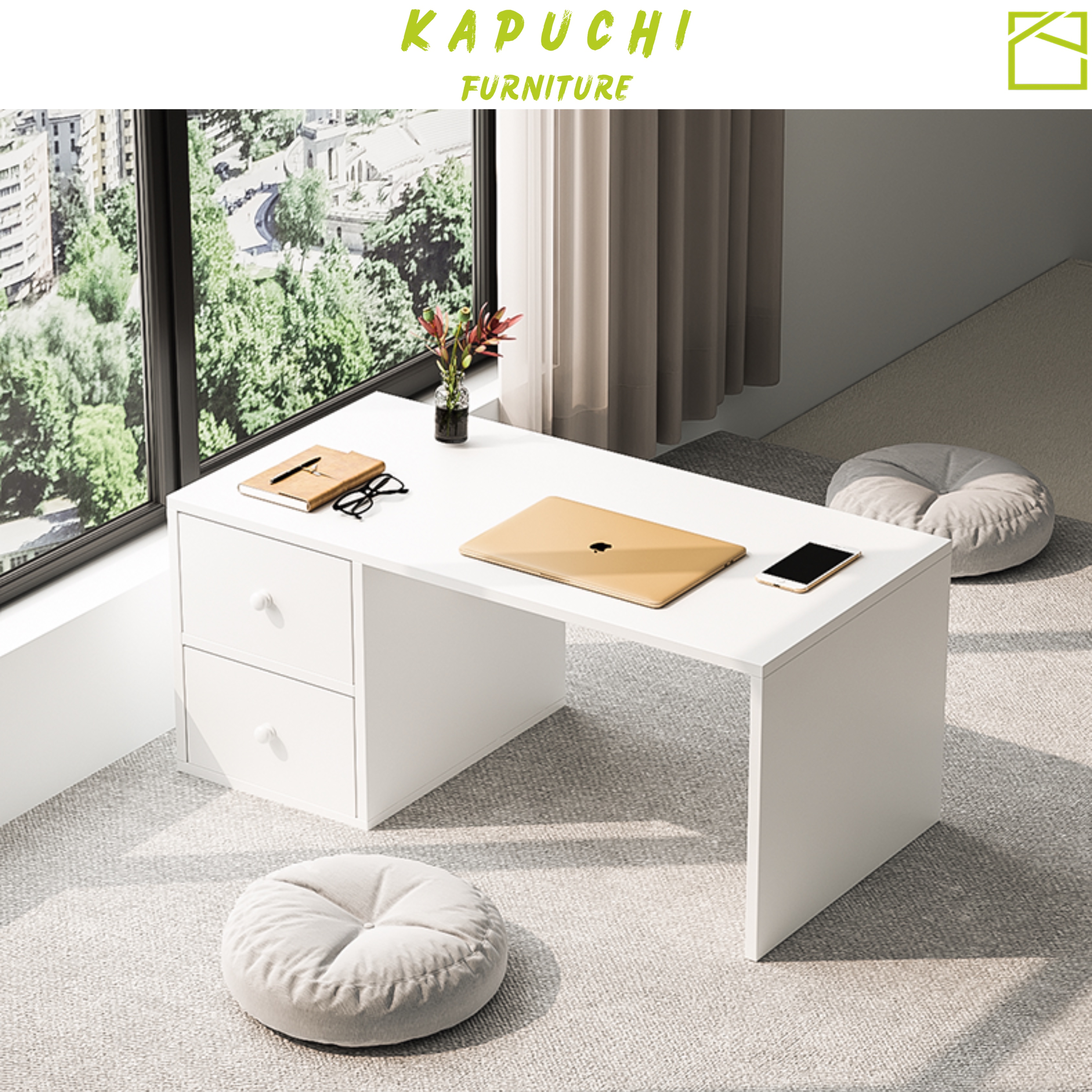 Bàn làm việc, bàn học ngồi bệt có ngăn kéo tiện lợi bằng gỗ MDF phủ Melamine cao cấp KAPUCHI - KP259