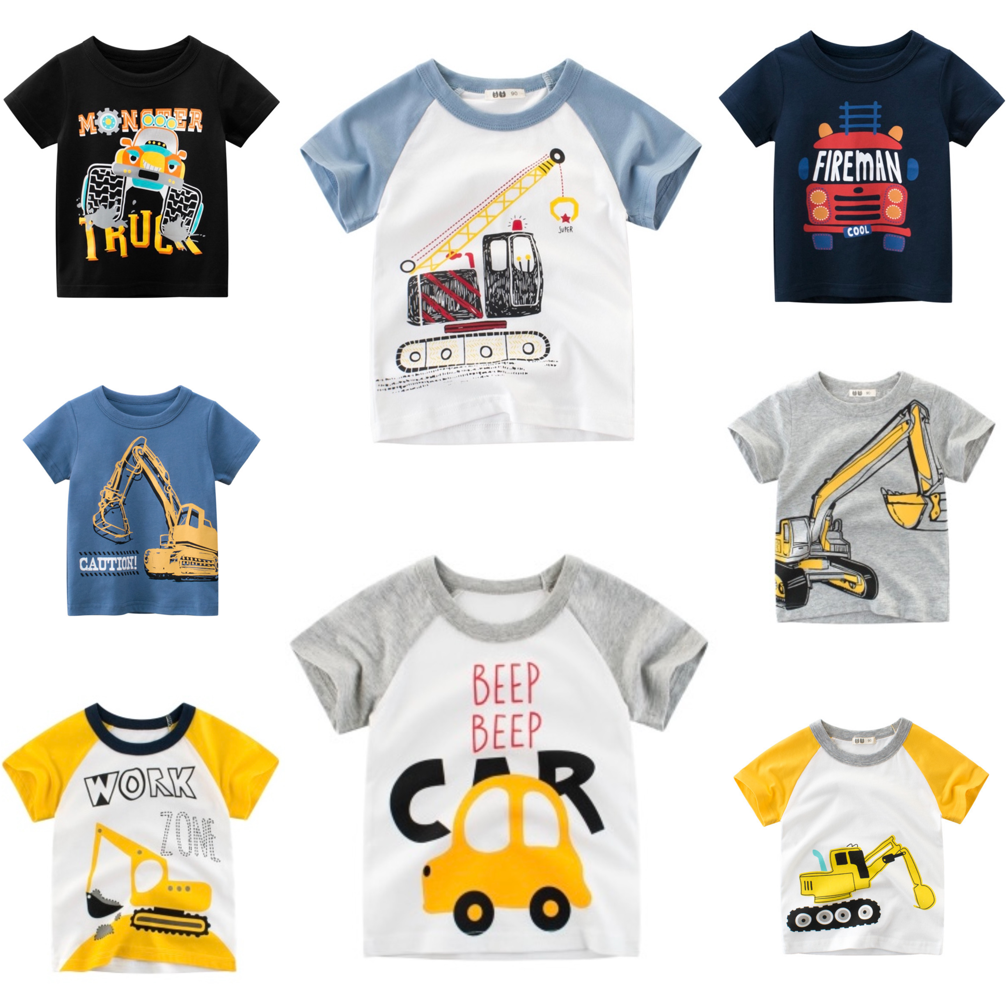 Áo thun ngắn tay hình ô tô máy xúc máy ủi, xe công trình cho bé trai hàng Quảng Châu