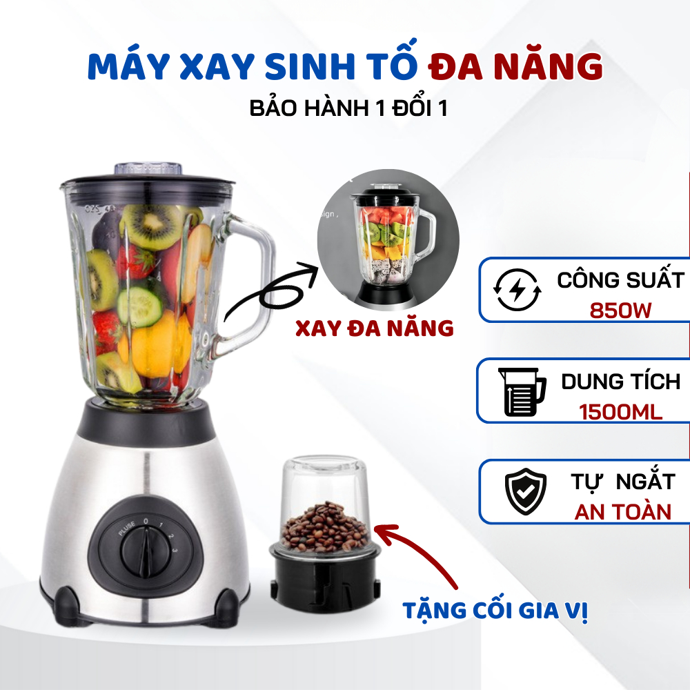 Máy xay sinh tố đa năng kenwood 2 cối công suất 850w, cối xay thịt cối thuỷ tinh 6 lưỡi xay công nghệ đức
