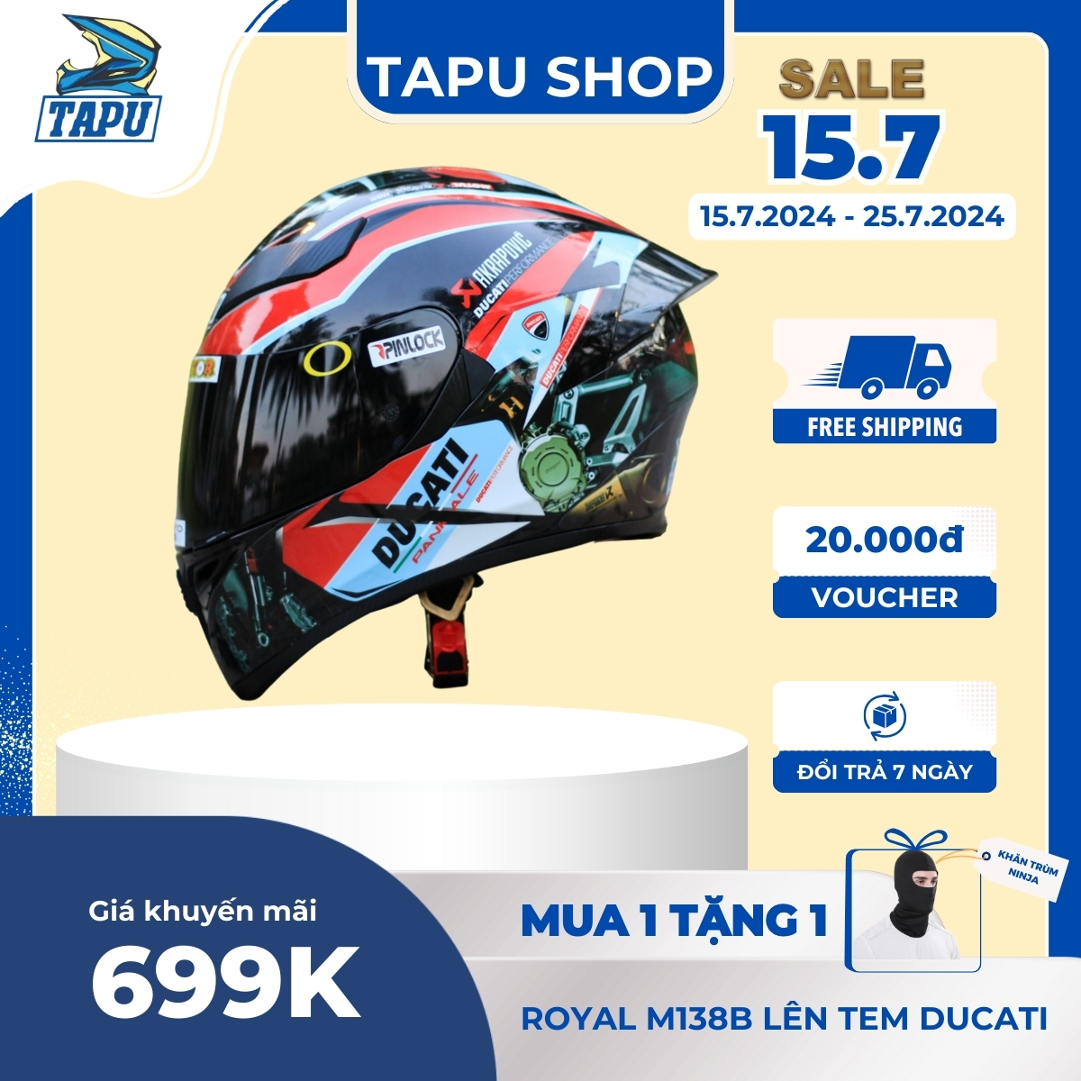 Nón Fullface ROYAL M138B 1 Kính Lên Tem Ducati - Tapu Shop