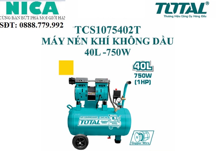 Máy nén khí không dầu 40l total tcs1075402t công suất 750w, bình chứa 40l, mô tơ dây đồng, áp suất tối đa 8bar