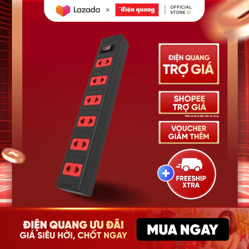 Ổ cắm Điện Quang ECO ĐQ ESK 5BR 62ECO (6 Lỗ 2 chấu, dây dài 5m, màu đen đỏ)