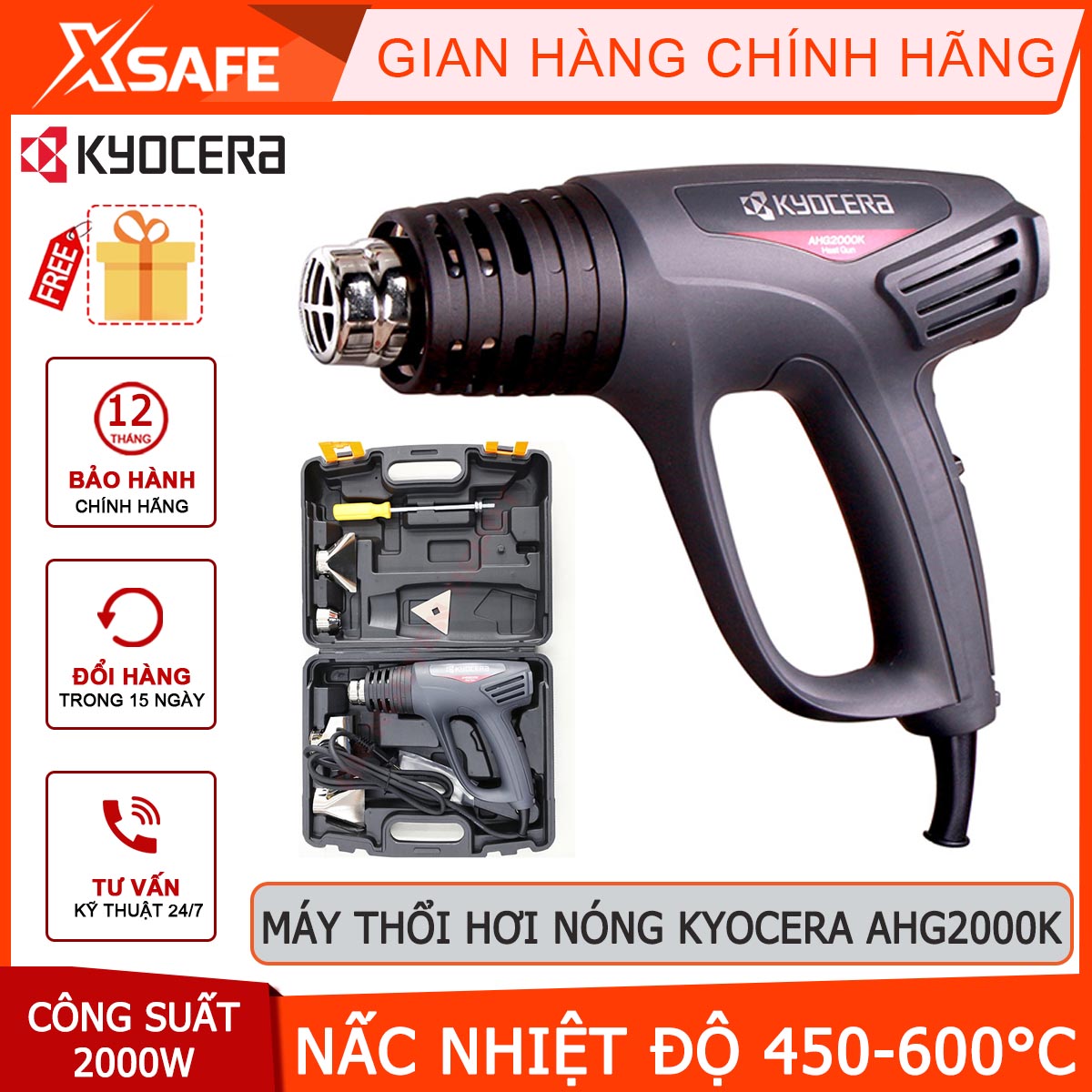 Máy thổi nhiệt Kyocera Nhật Bản AHG2000K 2000W nấc nhiệt độ điều chỉnh 450600 độ C vali nhựa tiện lợi xsafe