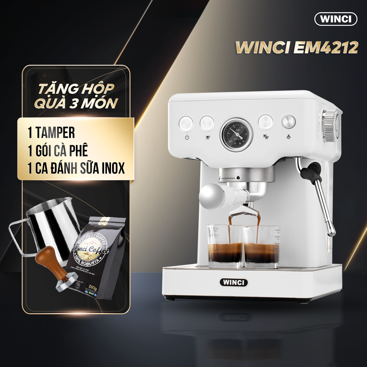 Máy pha cà phê Tự Động Winci EM 4212 20 Bar,Tay cầm 51mm, Pha Espresso, Latte, Capuchino bảo hành 1 năm