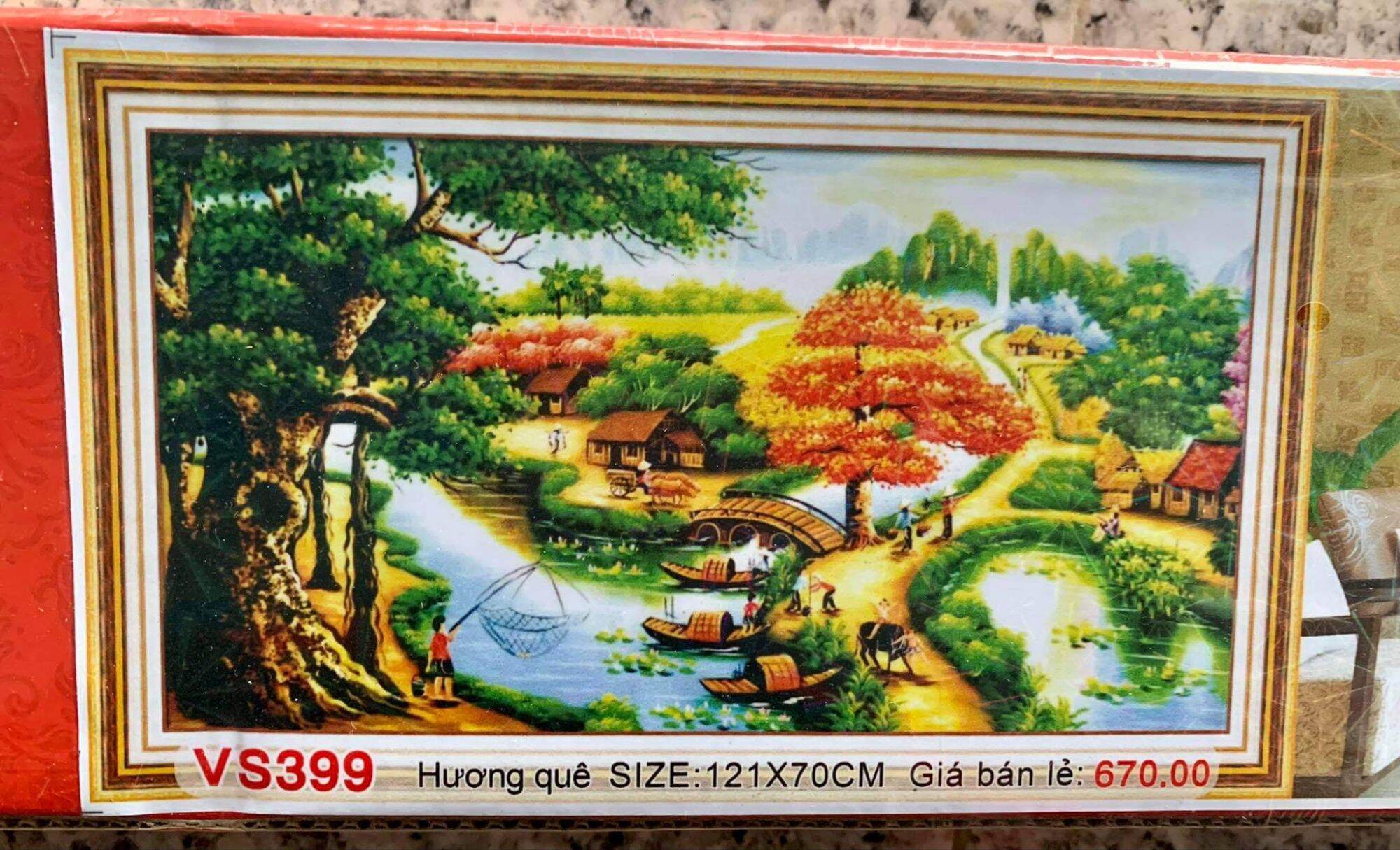 Tranh Đính Đá phong cảnh đồng quê ,cây đa giếng nước,tranh đính đá quê hương