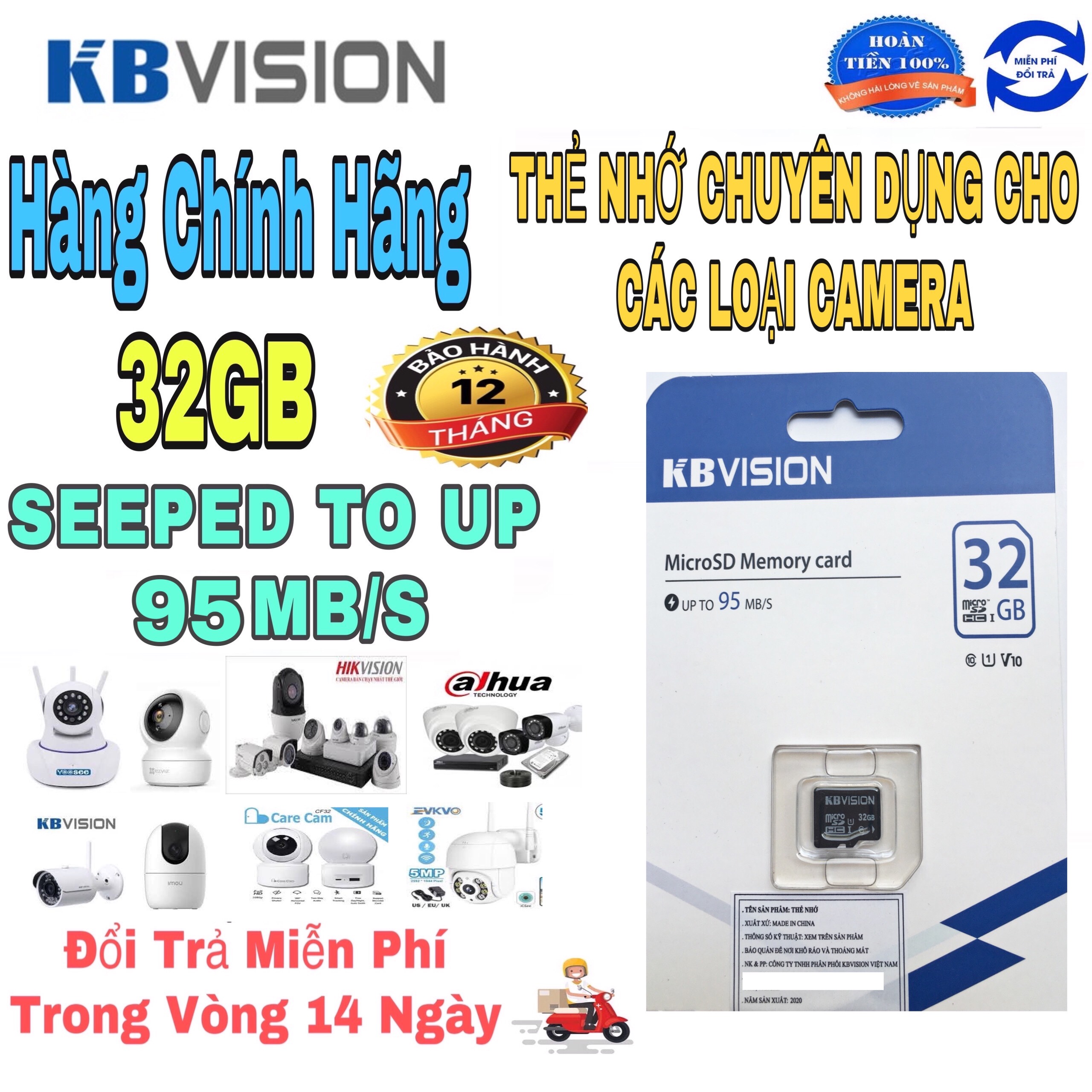 [HCM]Thẻ nhớ KBVISION 32GB 95MB/s chuyên dùng cho Camera YOOSEE EZVIZ HIKVISION KBVISION DAHUA IMOU... - Thẻ nhớ Micro SD 32GB KBVISON - Bảo hành 1 đổi 1 trong vòng 12 tháng các lỗi về kỹ thuật.