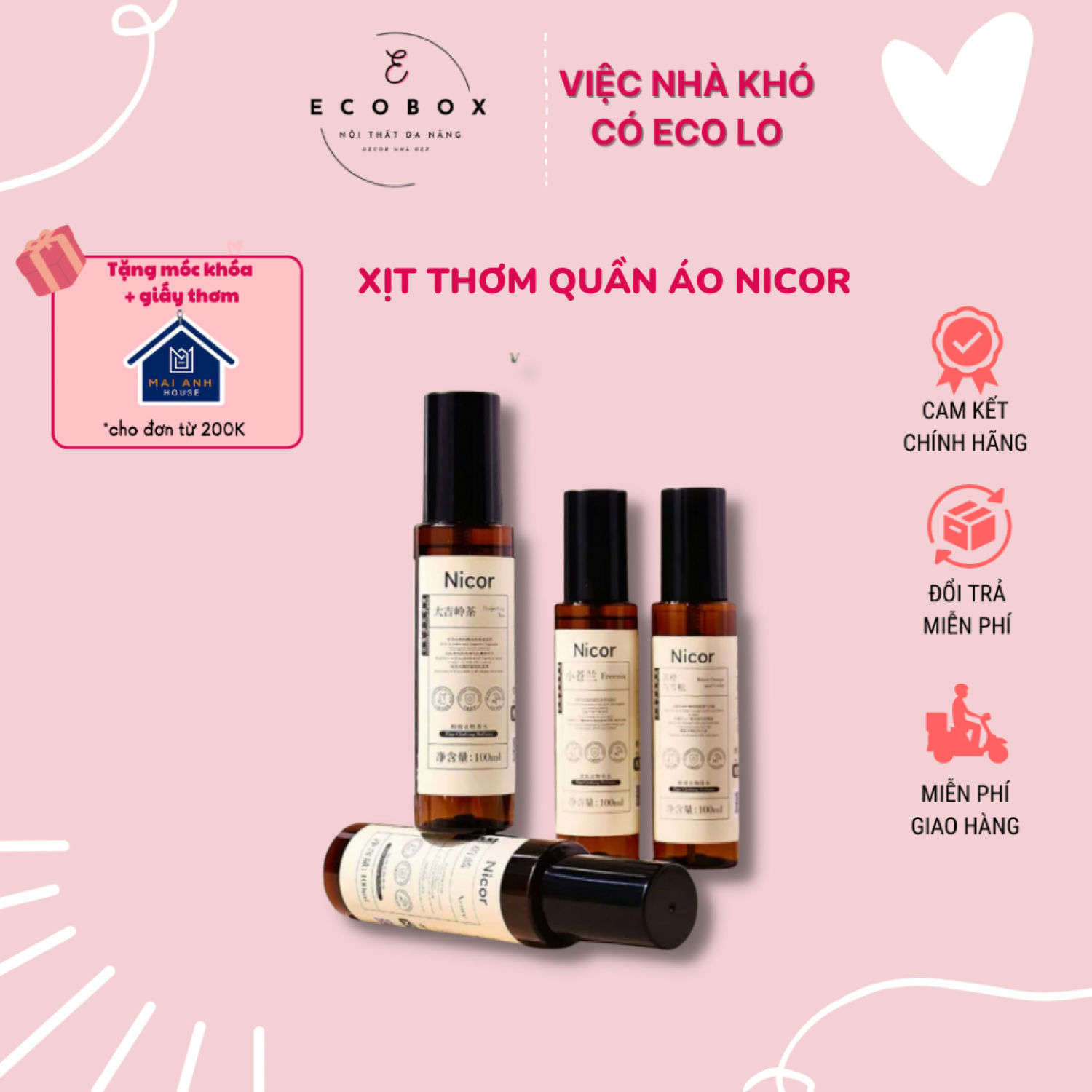 Nước hoa xịt thơm quần áo NICOR 100ml thơm lâu dạng xịt khử mùi chiết xuất tinh dầu thiên nhiên thơm mát ECO BOX