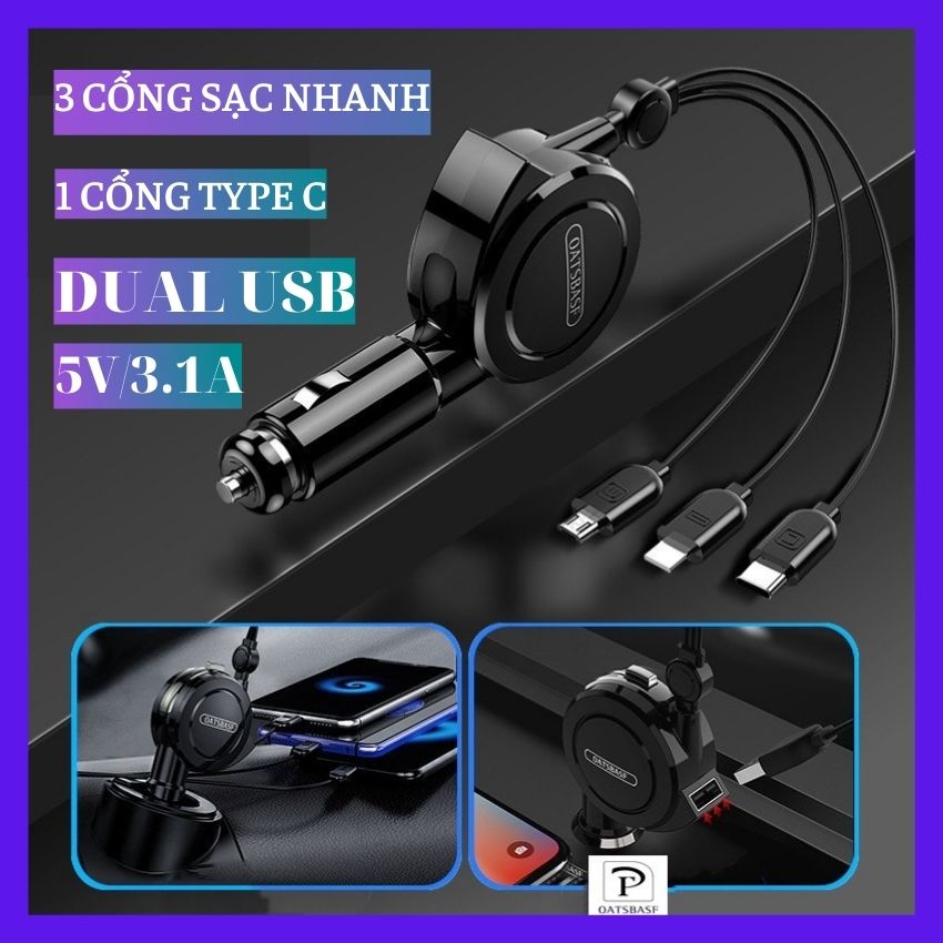 Tẩu sạc nhanh ô tô chia 3 cổng usb 3.1a 1 cổng type-C tích hợp cáp sạc dây rút