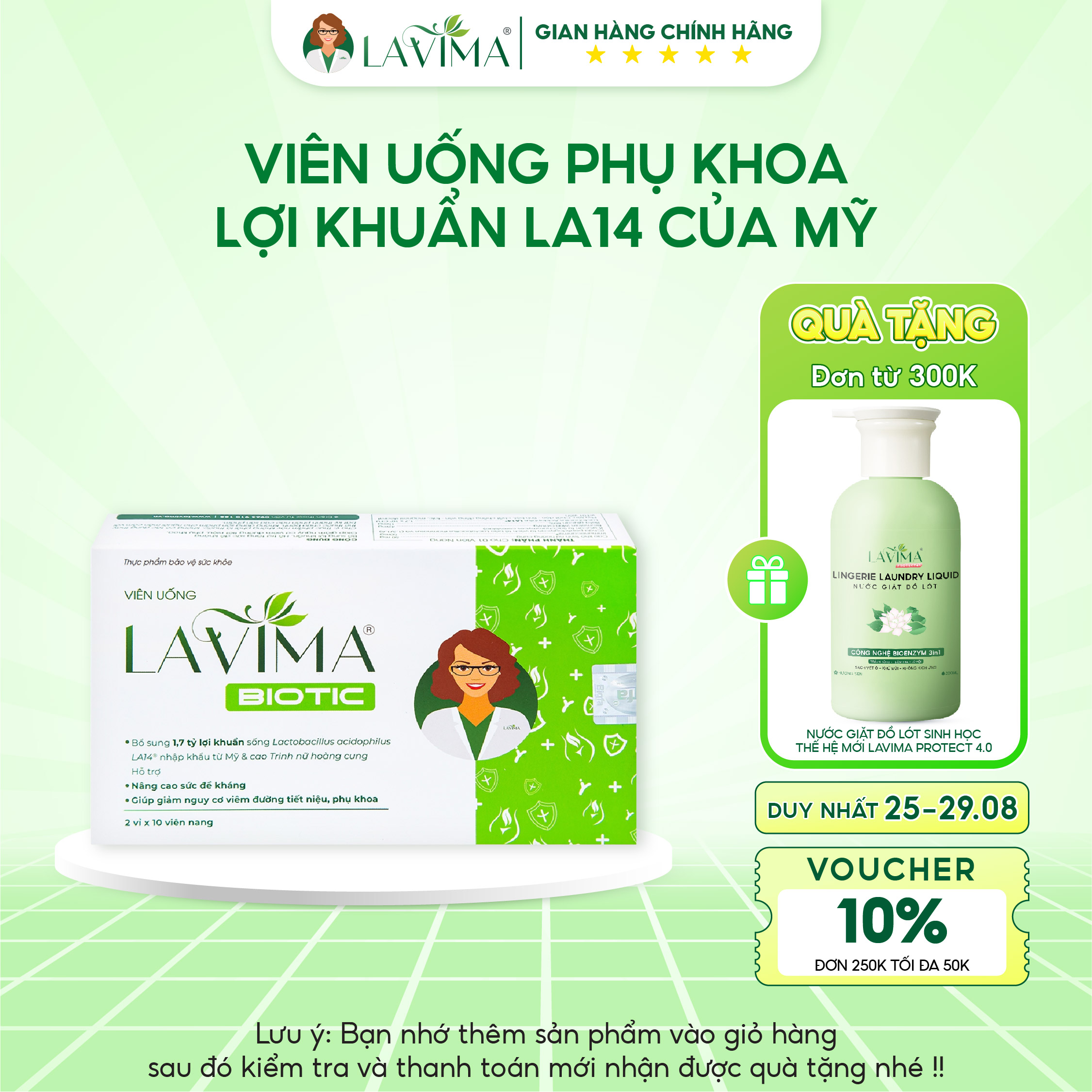 Viên Uống Phụ Khoa, Men Vi Sinh Vùng Kín LAVIMA BIOTIC 20 Viên, Giảm Khí Hư, Ngứa Rát, Ngăn Ngừa Tái Phát