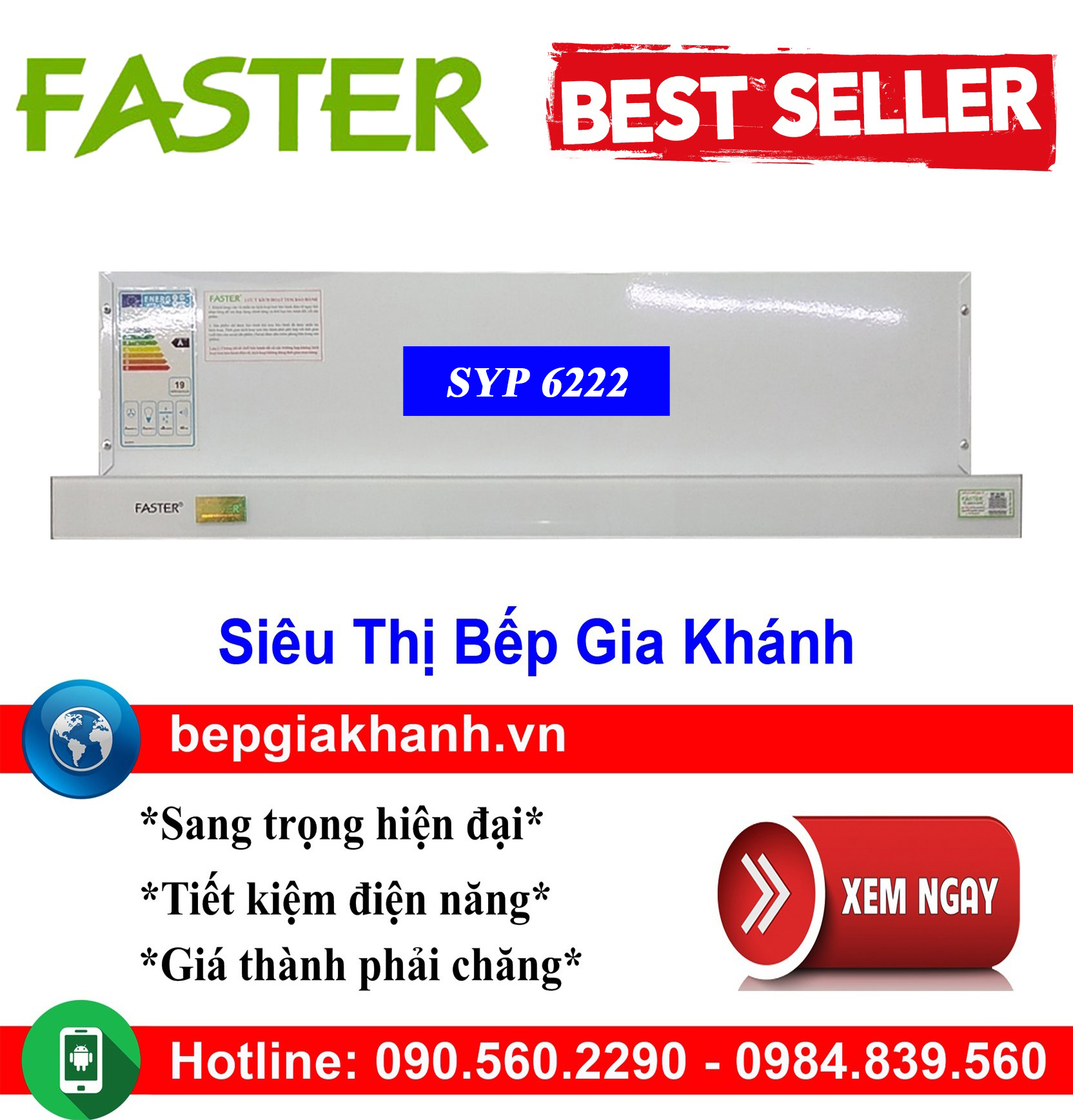 [HCM]Máy hút mùi âm tủ 60cm Faster SYP 6222, máy hút mùi nhà bếp, máy hút mùi bếp, máy hút mùi kính 