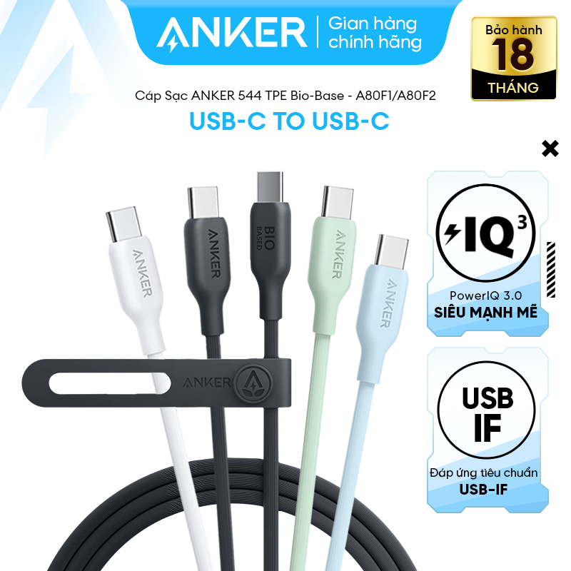 Cáp sạc anker 544 chất liệu bio-based usb-c to usb-c - dài 0.9m/1.8m - a80f1/a80f2