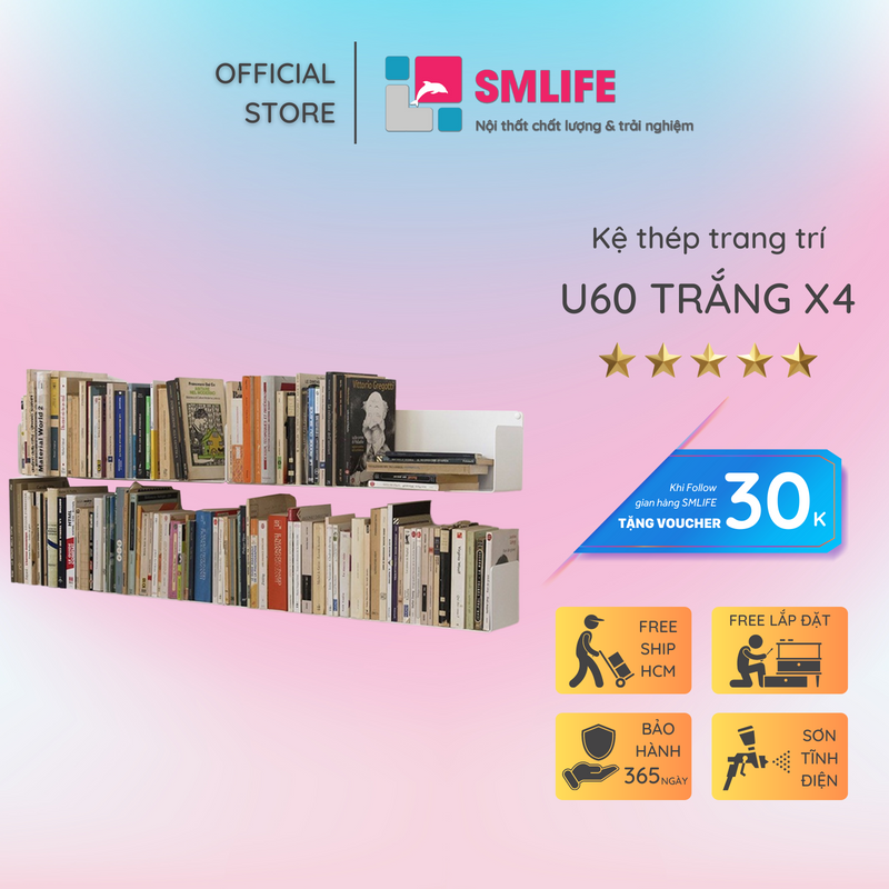Kệ sách treo tường chữ U 60 (Set 4) - Kệ treo tường bằng thép dày 1,6mm - Sơn tĩnh điện màu Trắng/ Đen hiện đại - Tặng kèm bộ ốc vít và đầu bịt ốc
