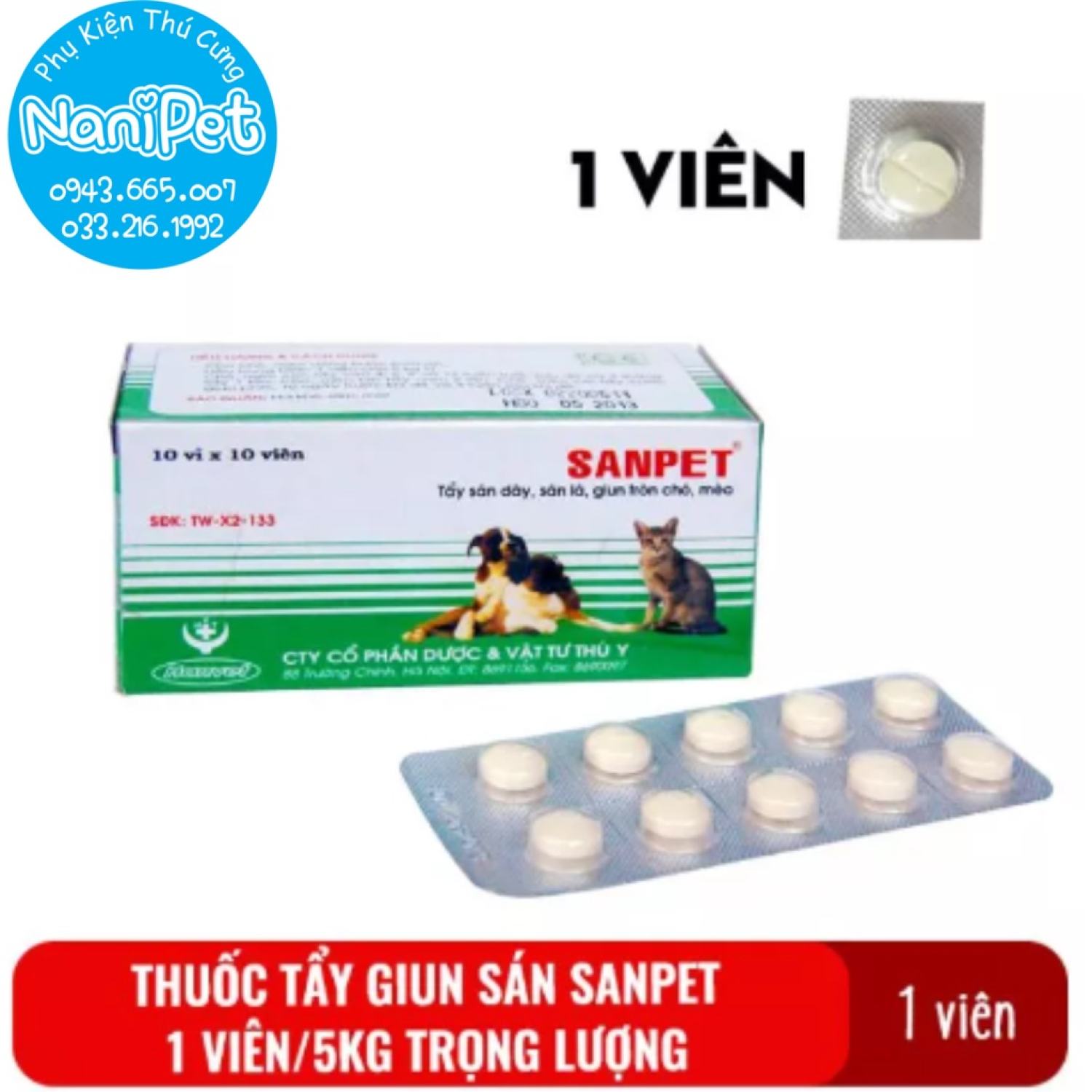 Tẩy sán lá sán dây giun tròn cho chó mèo, xổ giun thú cưng thương hiệu Sanpet chính hãng
