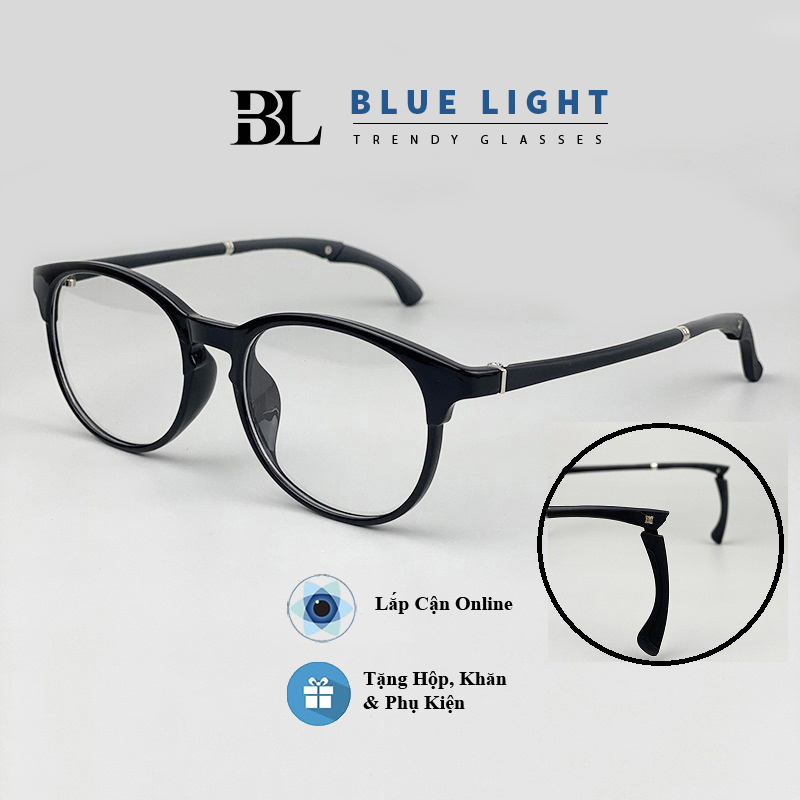 Gọng Kính Cận Kính Giả Cận Nam Nữ Thể Thao Đuôi Kính Gập Mắt Tròn Gọng Nhựa Đen Bóng Hàn Quốc - BLUE LIGHT