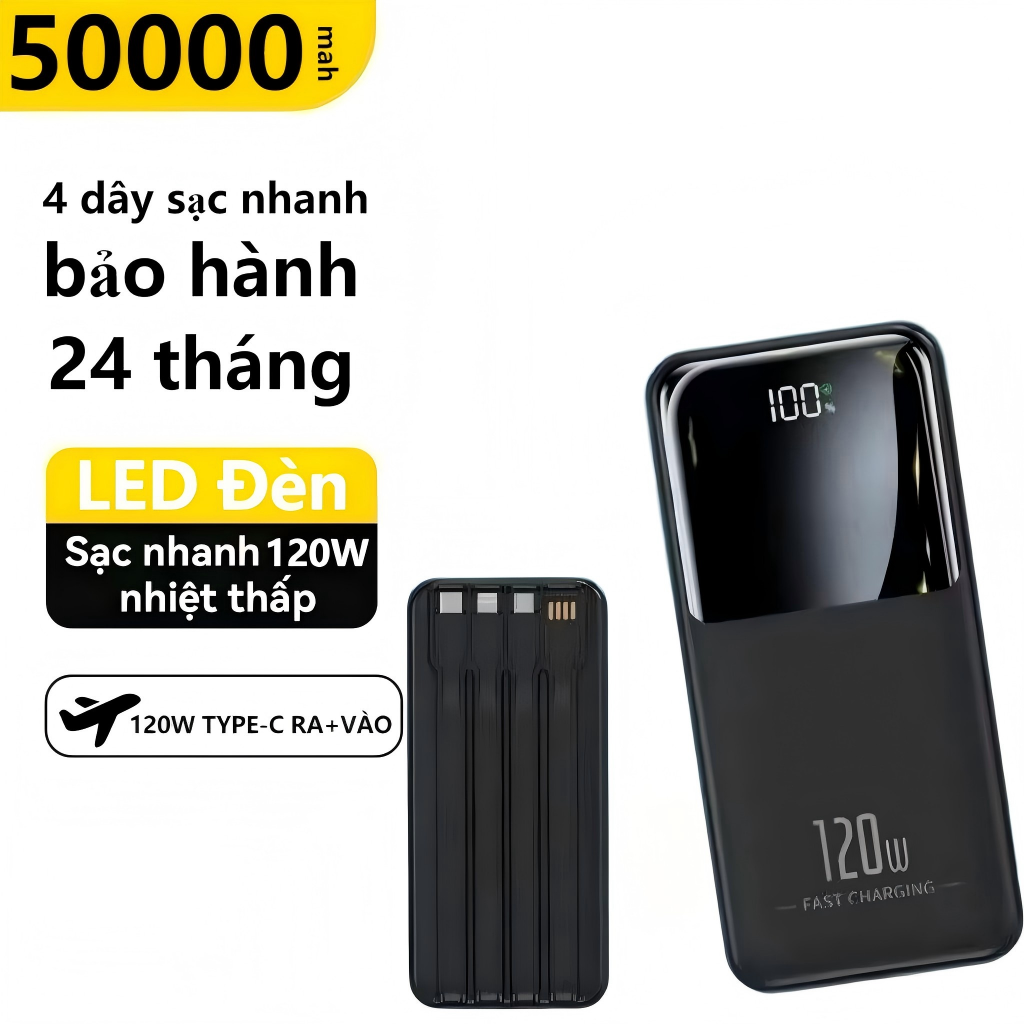 Sạc dự phòng 50000 80000MAH sạc nhanh PD120W 20W trong suốt tích hợp 2 dây sạc tích hợp đèn led chiếu sáng