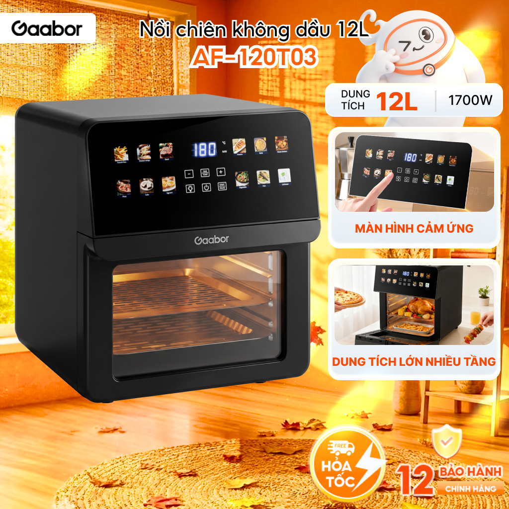 Nồi chiên không dầu Gaabor AF-120T03 12L kiêm lò nướng cảm ứng màn hình màu 1700W cửa kính quan sát 12 chế độ nấu - Bảo hành 12 tháng [L]
