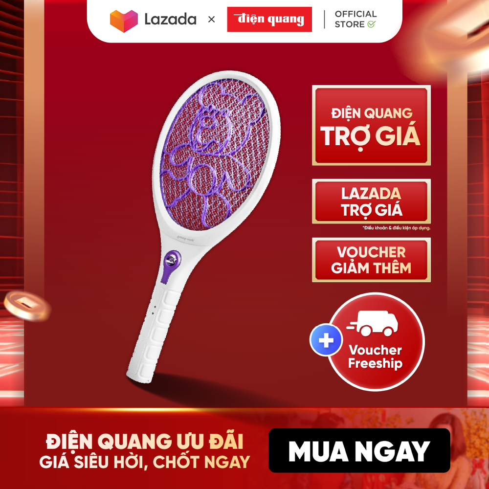 Vợt muỗi Điện Quang ĐQ EMR04 WP (Trắng-Tím) - Xả nhanh dòng điện 5s, chống giật an toàn. Lưới vợt thiết kế 3 lớp chống gỉ - BH 12 tháng
