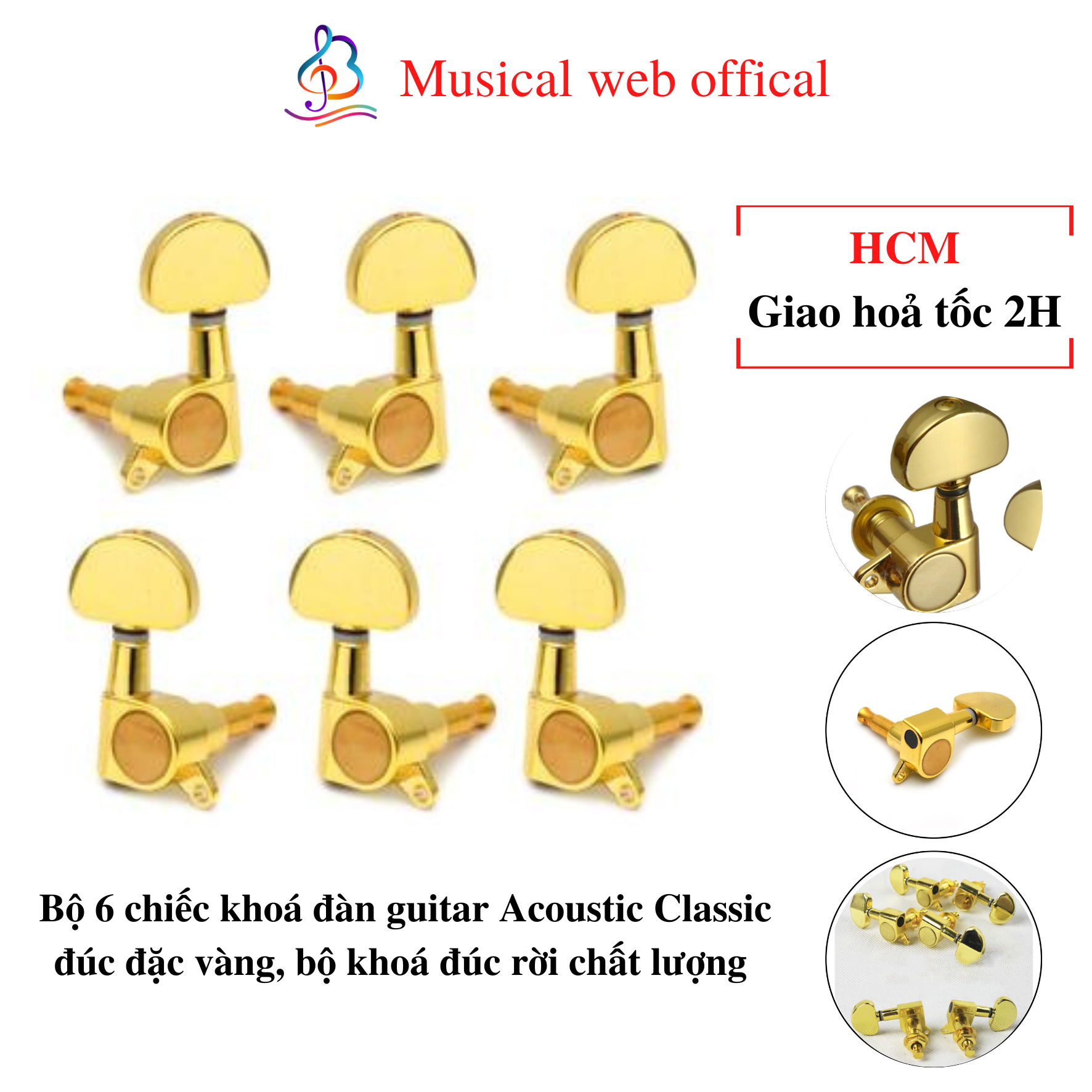 Bộ 6 Chiếc Khoá Đàn Guitar Acoustic Classic Đúc Đặc Vàng, Bộ Khoá Đúc Rời Chất Lượng Musical Web