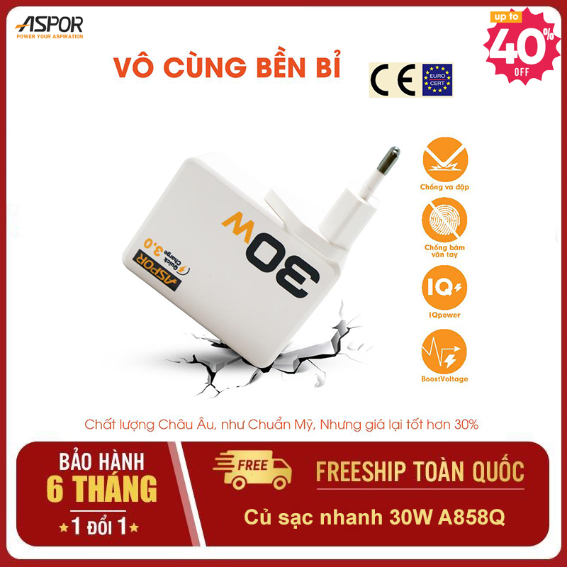 Aspor A858Q - Củ sạc nhanh 30W thông minh đa năng - 3 USB tự ngắt khi đầy - Bộ sạc cho điện thoại, máy tính bảng, camera, máy ảnh ...Đèn LED chống cháy nổ