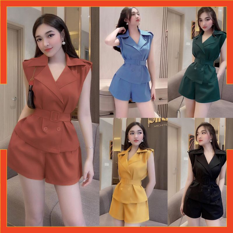 Đồ Nữ - Set nguyên bộ quần short lưng thun áo cổ vest kèm belt rời TJ1168