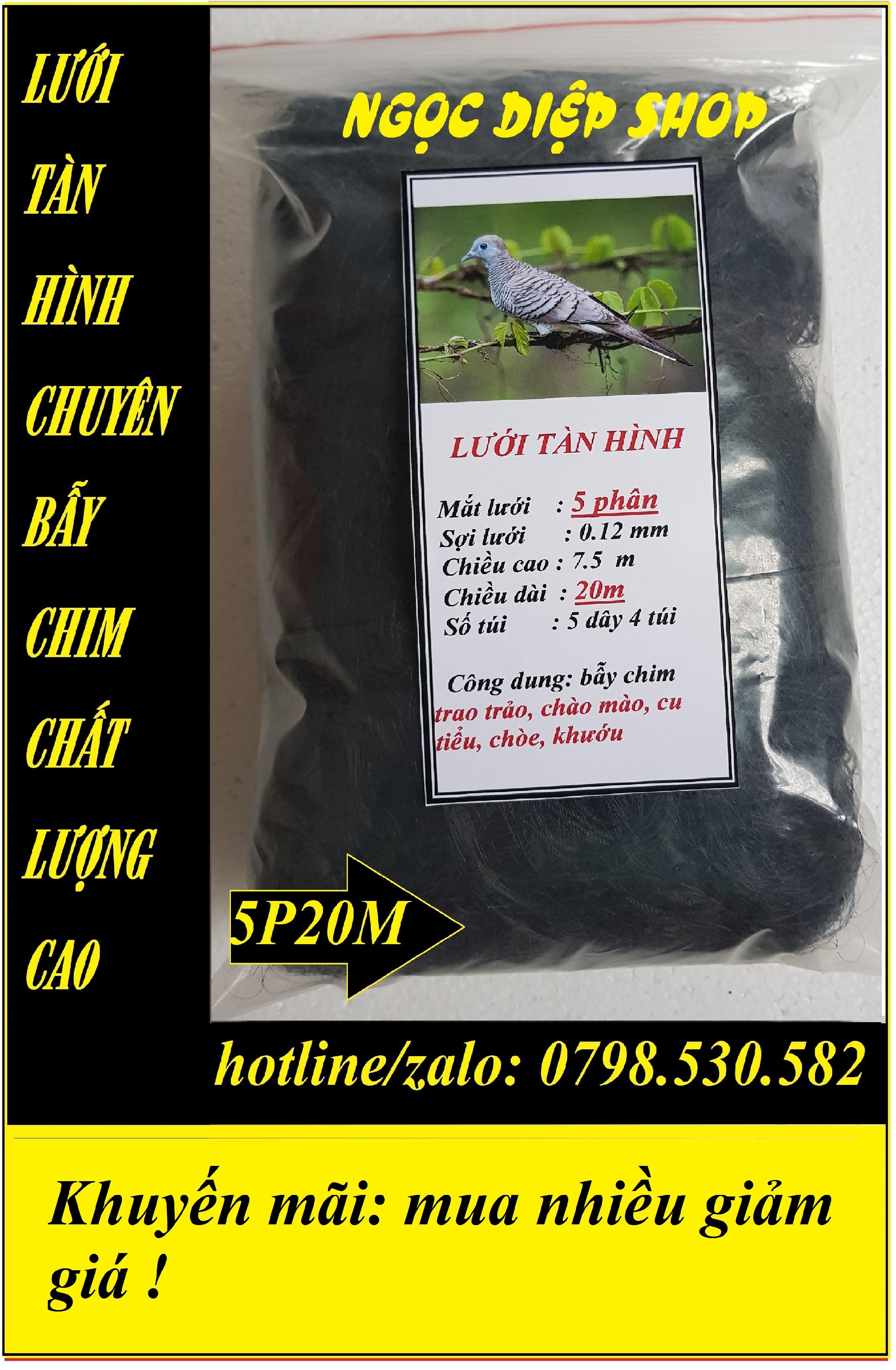 Lưới tàn hình 5 phân 20m bẫy chim  trao trảo, chào mào, cu tiểu, chòe, khướu