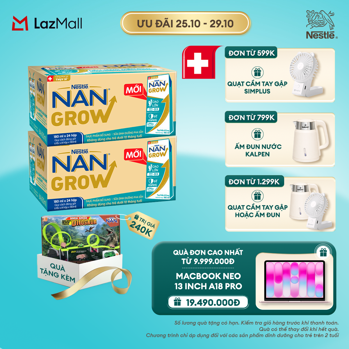 [CHỈ 25-29.10 QT ĐƠN 599K/799K/1299K] [Tặng bộ đồ chơi mô hình xe] Combo 2 Thùng Sữa Pha Sẵn Nestlé NANGROW Cho Trẻ Từ 1 Tuổi, Công Thức Thụy Sĩ Giúp Bé Cao Lớn Vượt Trội, Thùng (24 Hộp x 180ml)