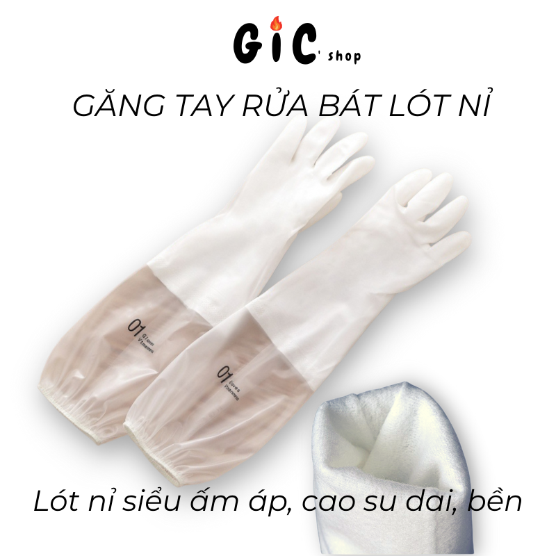 Găng Tay Rửa Chén Bát Lót Nỉ Cổ Cao Có Chun Chống Tụt