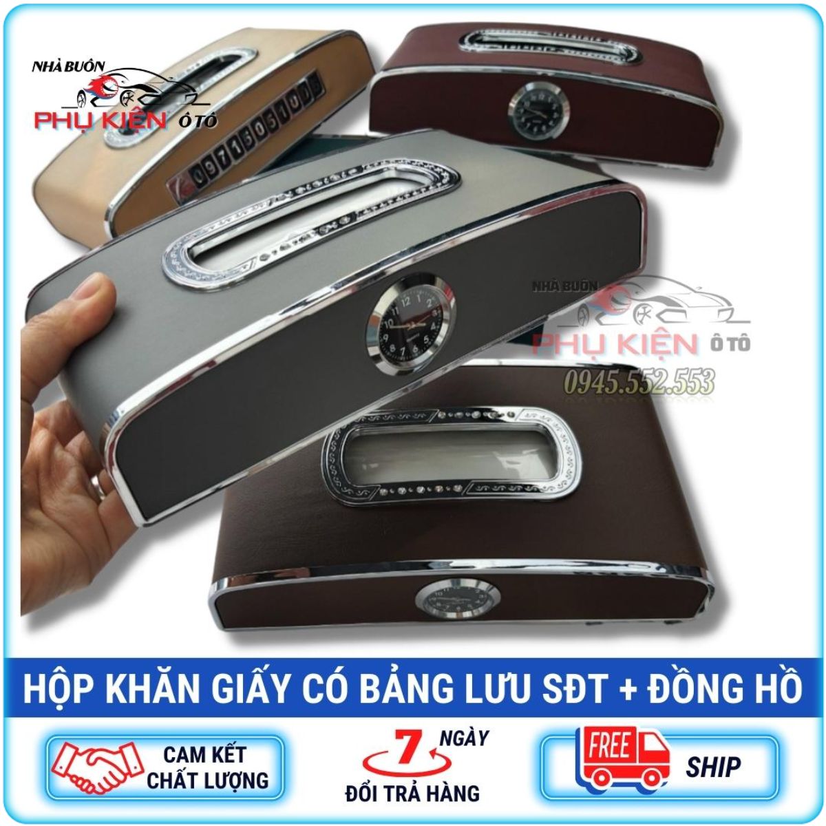 Hộp Đựng Khăn Giấy Bọc Da Trên Ô Tô Kèm Đồng Hồ Và Bảng Số Điện Thoại Cao Cấp- Viền Mạ Kim Loại Sáng Bóng