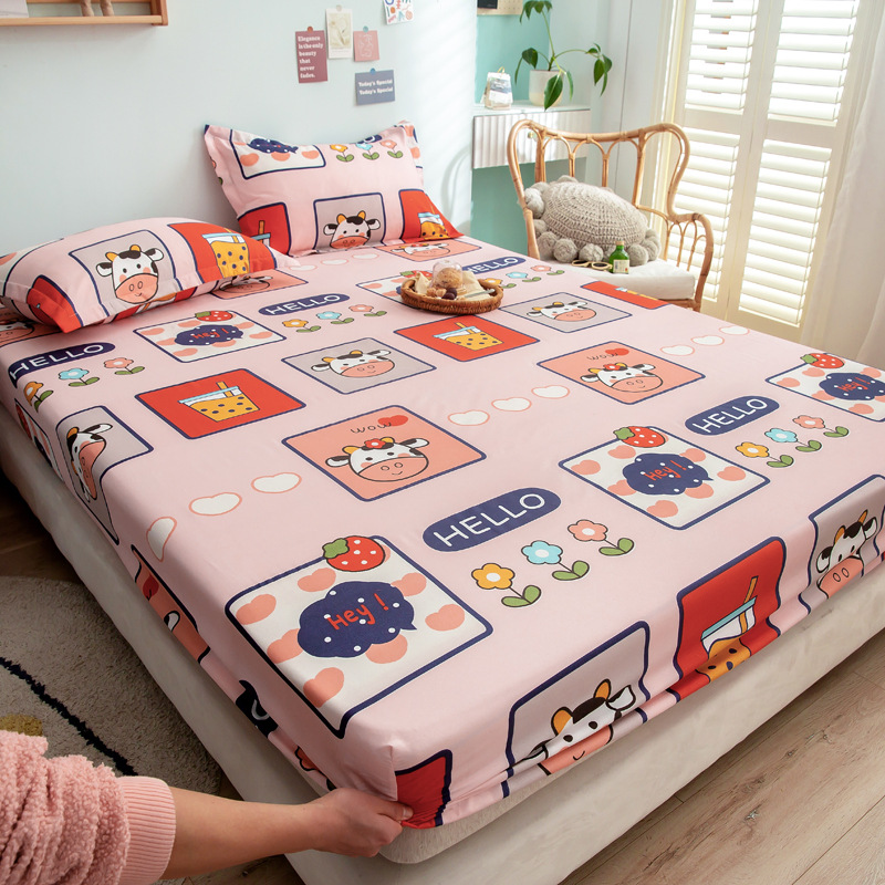 Bộ ga gối đẹp chất cotton poly Hàn Quốc cho trẻ em giá rẻ, họa tiết chú BÒ HOA ô vuông cho bé gái