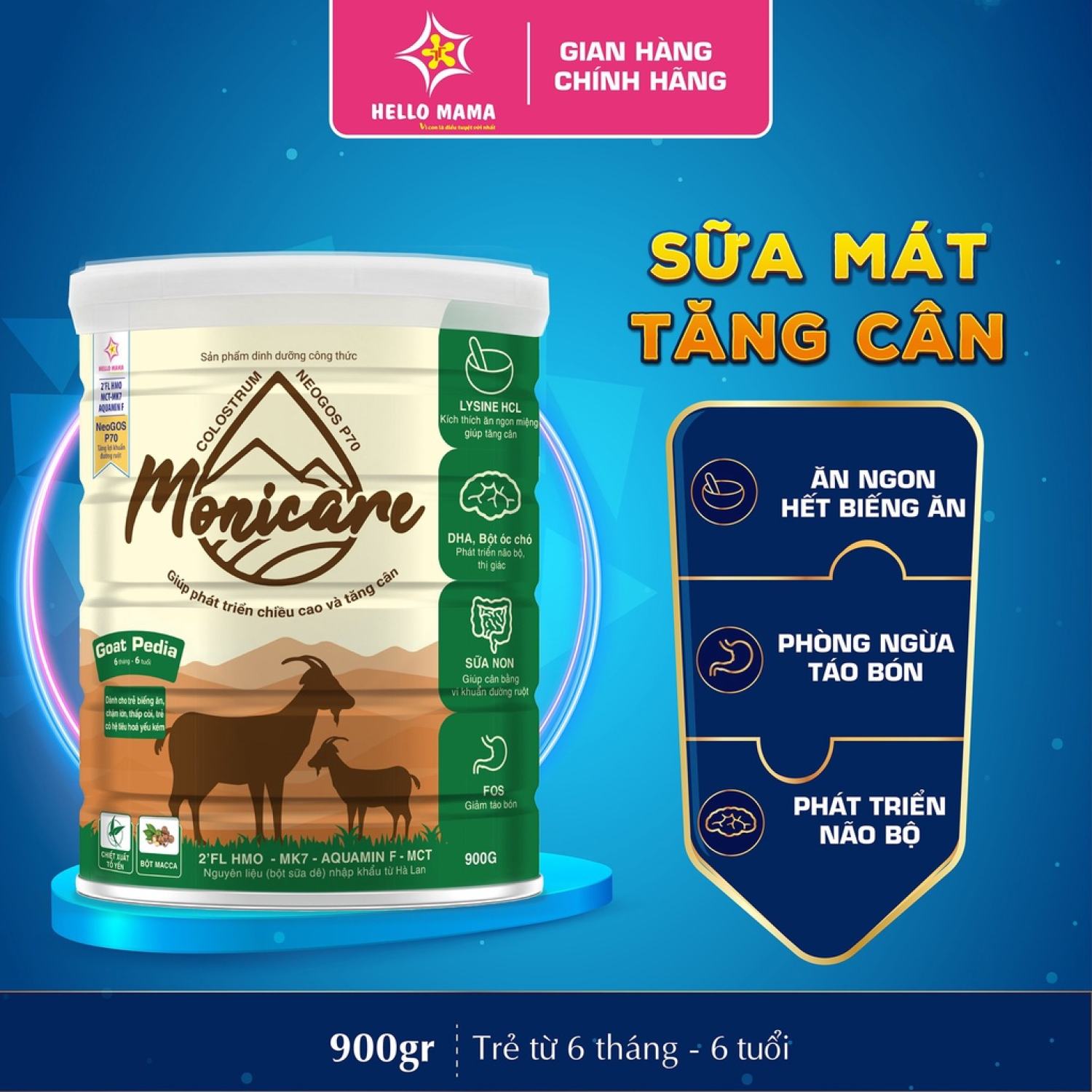 Sữa Monicare Goat Pedia 900gr, sữa mát dành cho biếng ăn, chậm lớn, thấp còi
