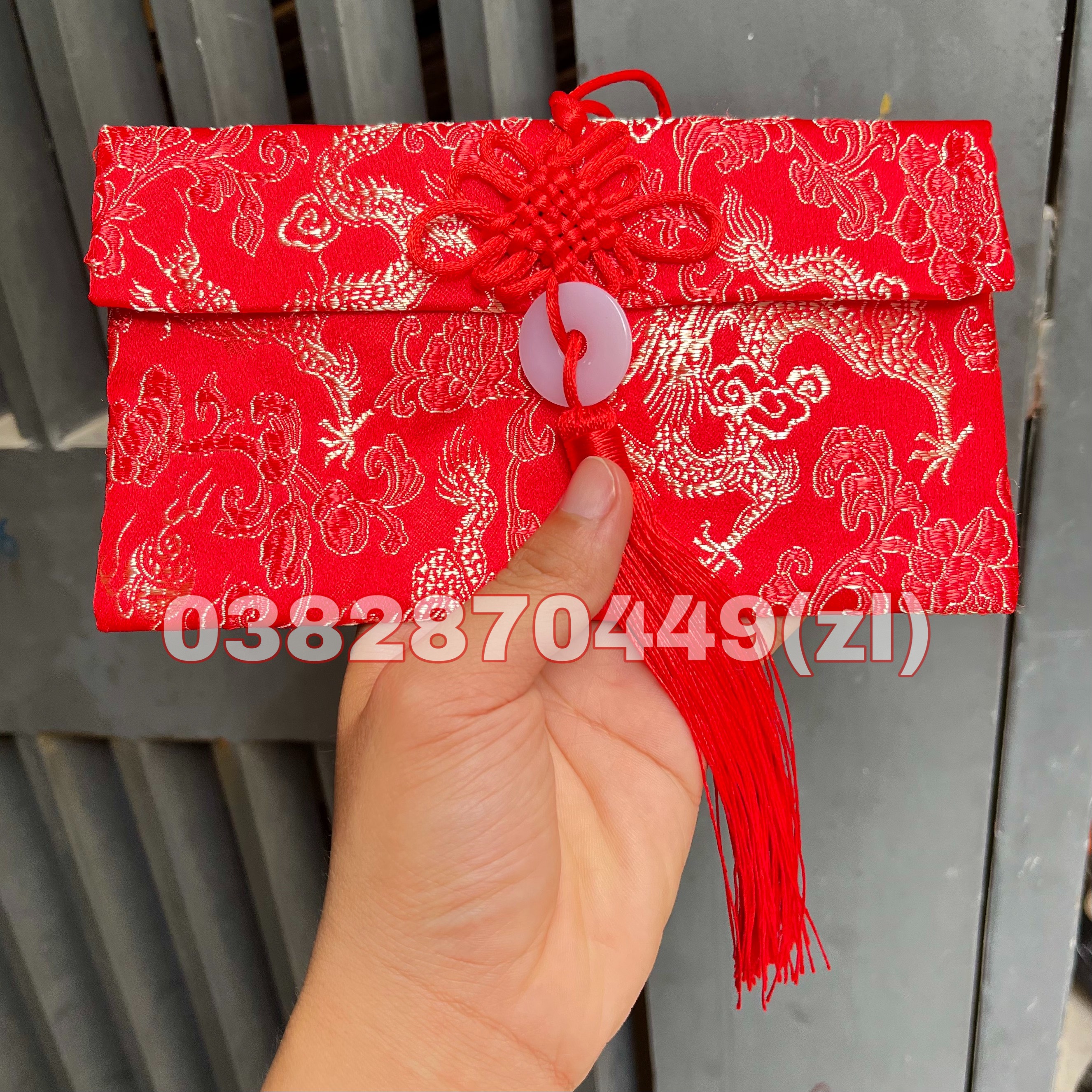 Túi gấm ngọc bội thổ cẩm thêu long phụng tua rua lì xì đựng quà tặng may mắn
