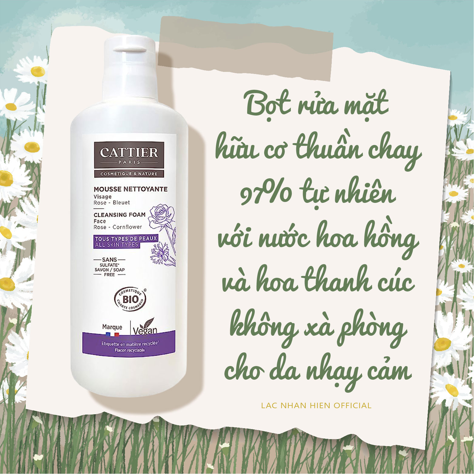 SỮA RỬA MẶT TẠO BỌT HỮU CƠ THUẦN CHAY CATTIER CLEANSING FOAM CHO DA NHẠY CẢM