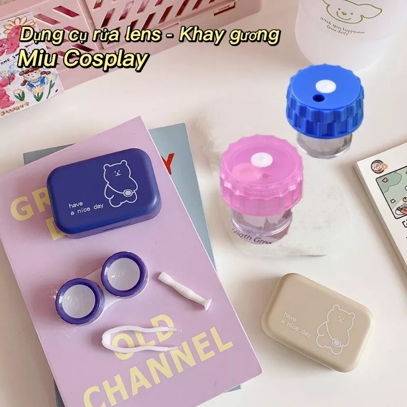 Dụng cụ rửa lens và Khay gương đựng lens kèm dụng cụ gắp kính áp tròng - Phụ kiện cosplay