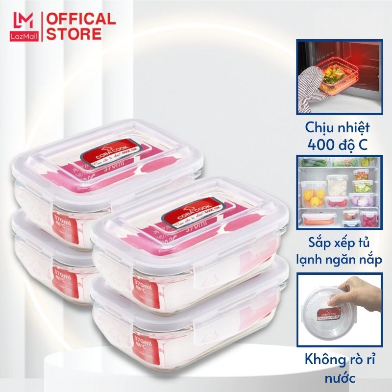 Bộ 4 hộp đựng cơm trữ thức ăn thực phẩm thủy tinh chịu nhiệt hộp chữ nhật 370ml- CCL34