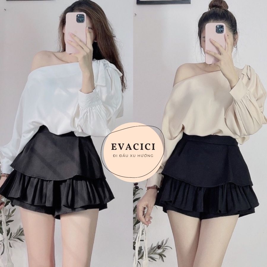 Áo sơ mi lệch vai tay rơi chất lụa nơ bản to điệu đà 2 màu. sơ mi dài tay bồng cúc ngọc vai rơi sang chảnh
