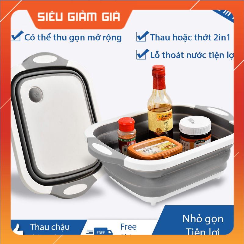 Thau chậu kèm thớt 2 trong 1, có thể gập lại làm tấm thớt, mở rộng ra sẽ thành thau chậu rửa rau củ quả, chất liệu cao cấp độ bền cao, có lỗ thoát nước