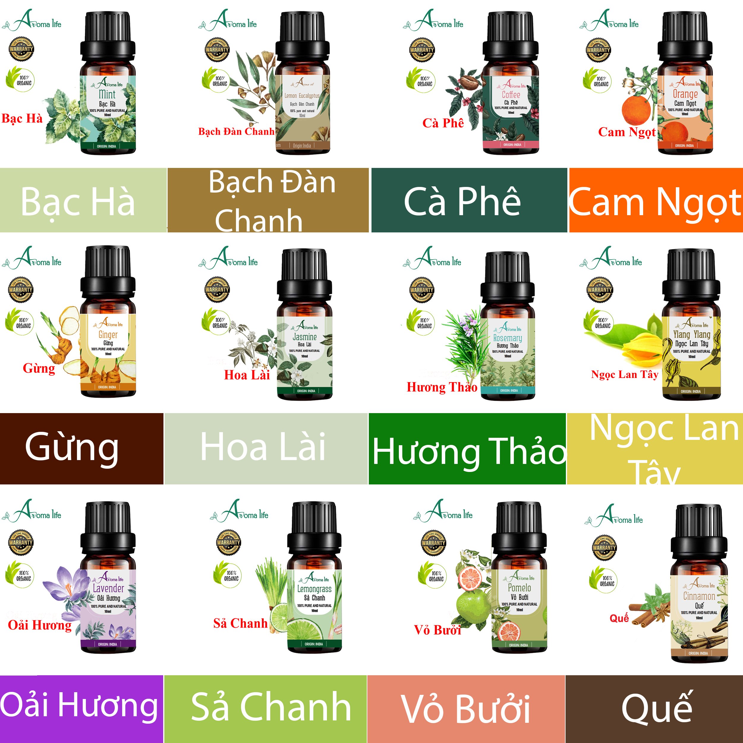 10ml Tinh dầu thiên nhiên nguyên chất Aromalife nhập khẩu Ấn Độ có chứng nhận tiêu chuẩn chất lượng, nhiều mùi lựa chọn: Sả chanh, Cam, Bưởi, Bạc Hà, , Quế, ...