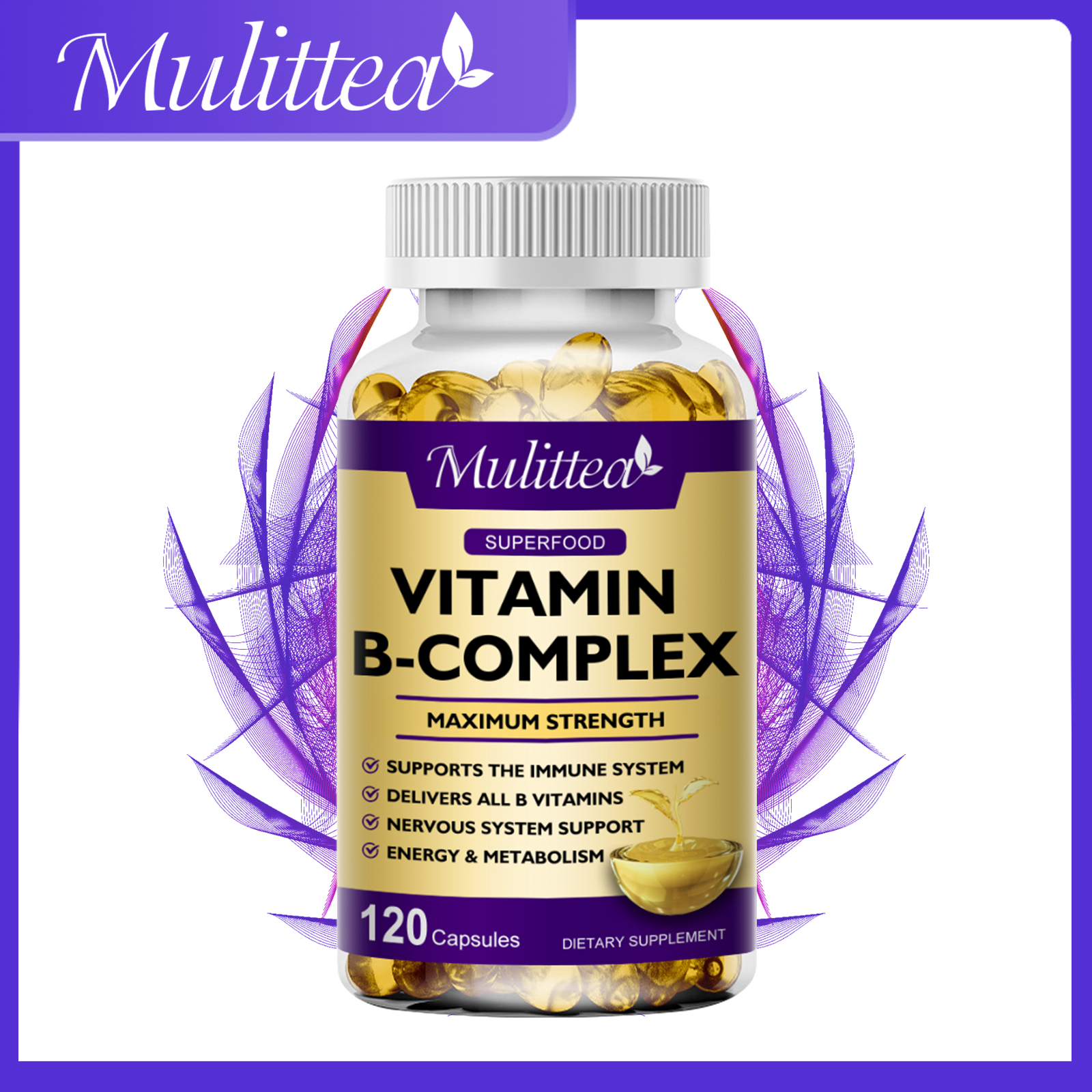 Mulittea Vitamin B Complex Capsules (B12, B1, B2, B3, B5, B6, B7, B9, Folate và Biotin) để giảm căng thẳng, hỗ trợ tâm trạng tốt hơn và giúp hệ thần kinh khỏe mạnh và năng lượng