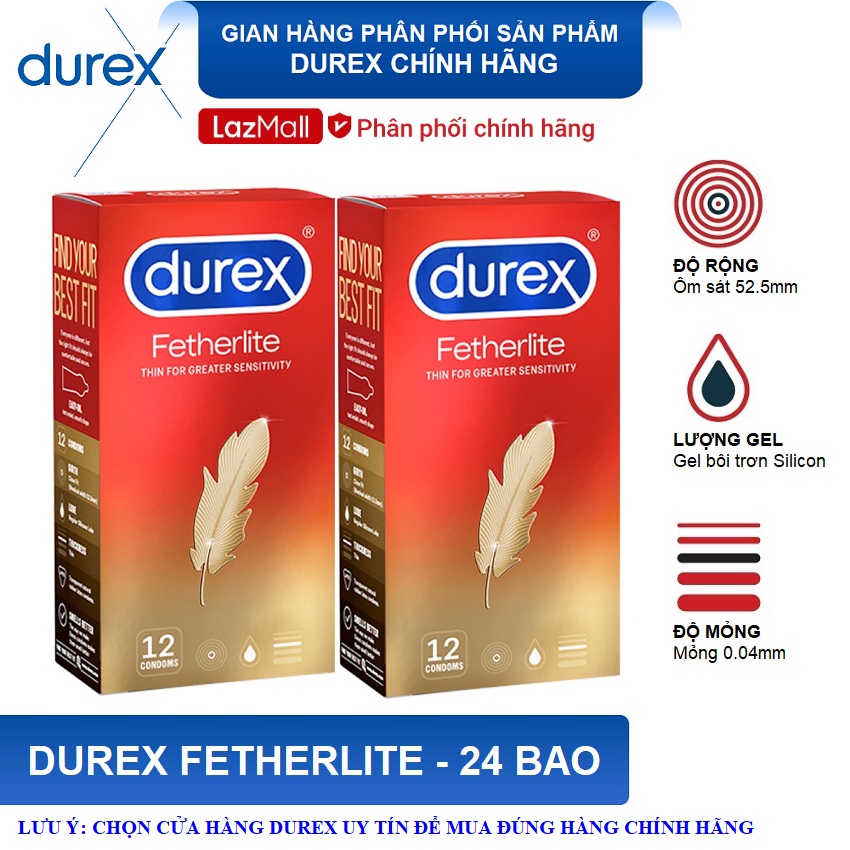 Bộ 2 hộp Bao cao su Durex Fetherlite 12 bao - Siêu mỏng , size 52.5mm cỡ vừa