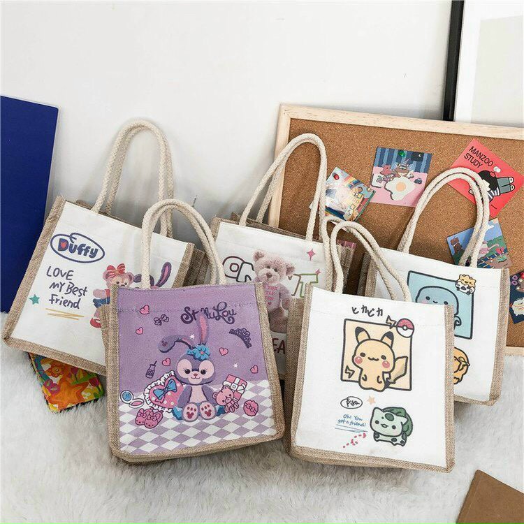 Túi cói vải mini họa tiết siêu xinh, túi xách tote canvas mẫu mới