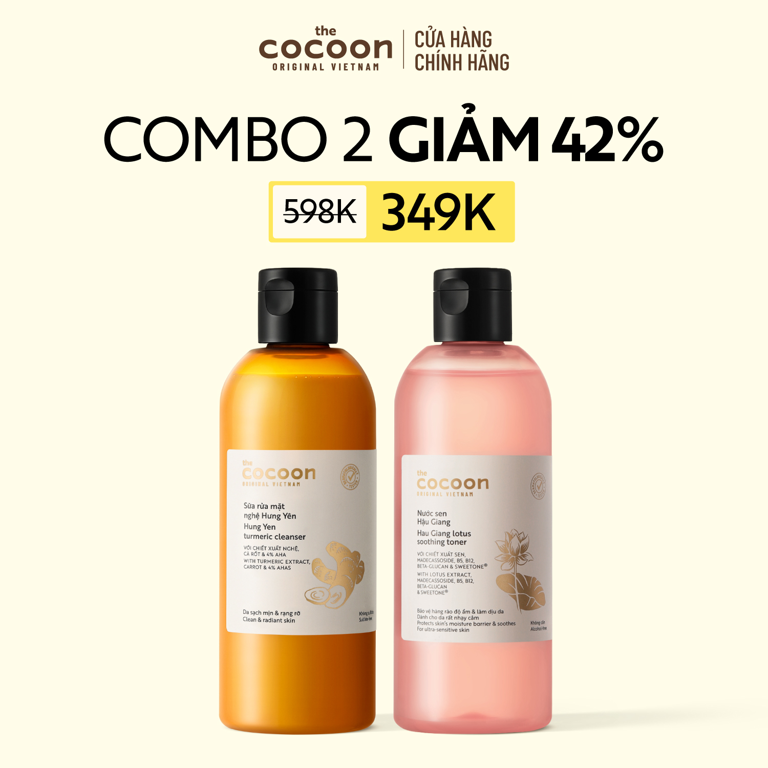 COMBO 1 Bigsize - Sữa rửa mặt nghệ Hưng Yên Cocoon 310ml + 1 Bigsize Nước Sen Hậu Giang 310ml