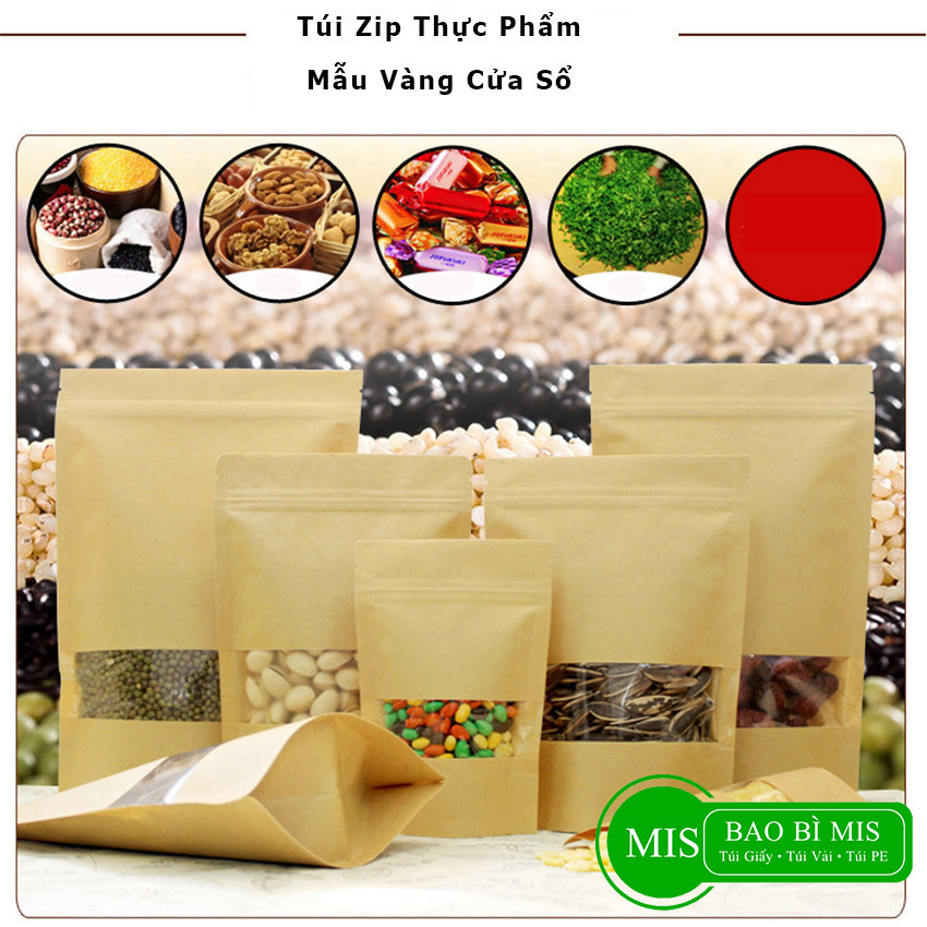  100 Túi zip vàng cửa sổ MIS nhiều kích thước đựng thực phẩm loại 1 Túi zipper giấy kraft vàng 